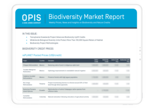 Image of laptop screen showing biodiversity credit market data and analysis from OPIS